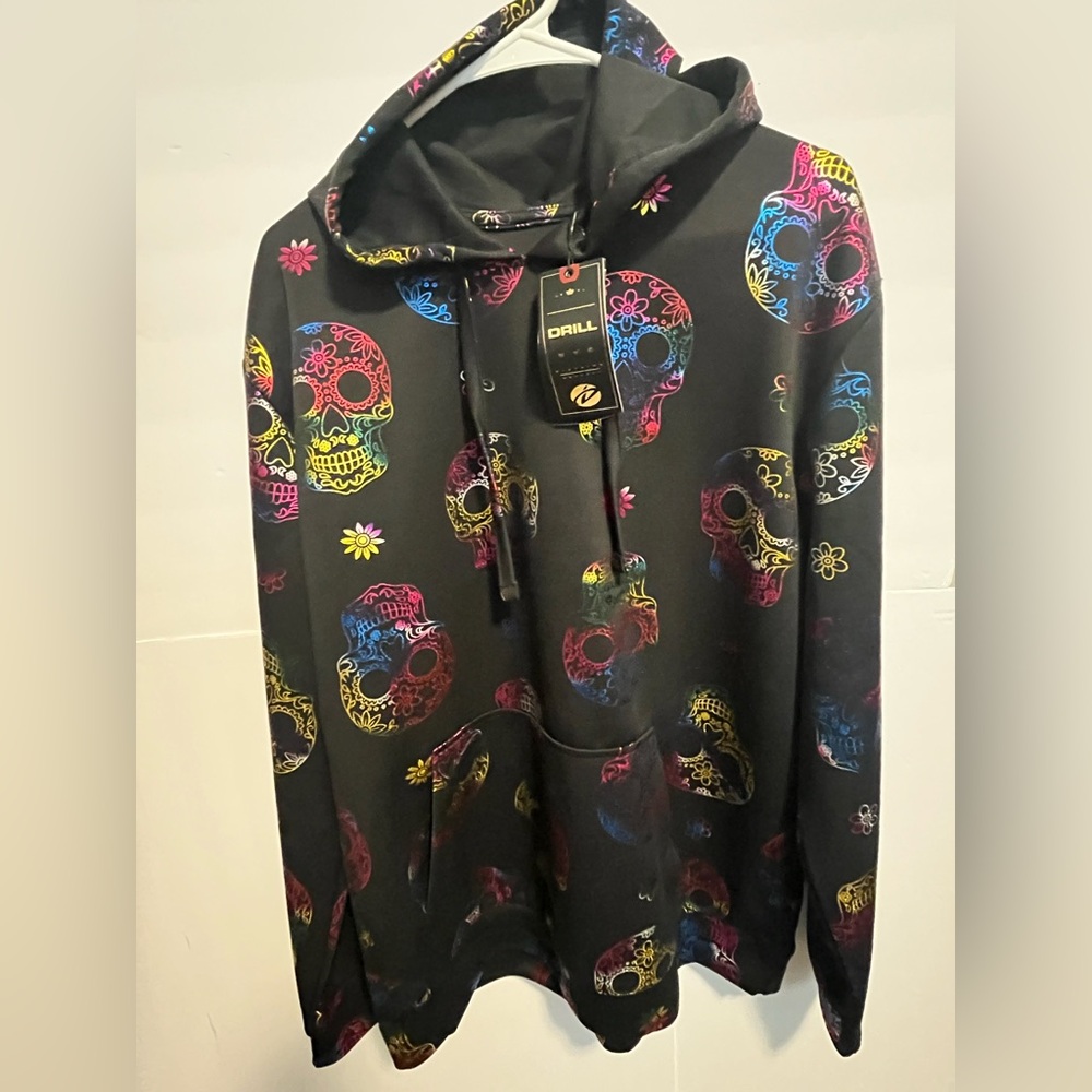 NWT DRILL Unisex Black W/ Bright Neon Metallic Foil Sugar Skulls Hoodie Size XL
